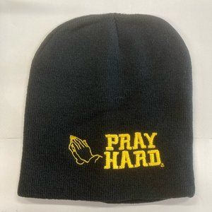 New Pray Hard Black Beanie Hat Toboggan Yellow Gold Stitched Graphic